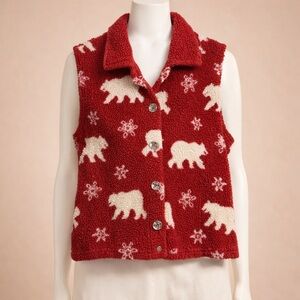 St. John’s Bay Sherpa Fleece Vest Large Red Polar Bear Snowflake Vintage
